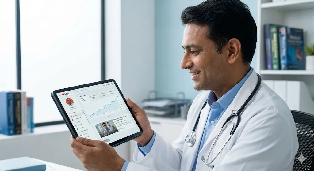 Doctor checking YouTube Ranking analytics on tablet